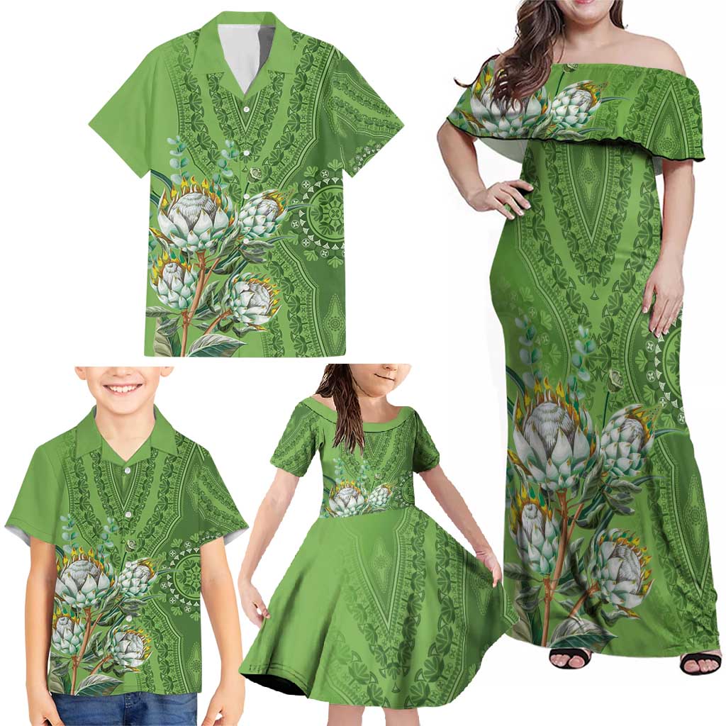 Africa King Proteas Dashiki Motif Family Matching Off Shoulder Maxi Dress and Hawaiian Shirt Green Style LT9 - Wonder Print Shop