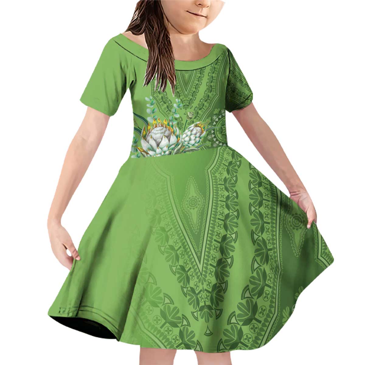 Africa King Proteas Dashiki Motif Family Matching Off Shoulder Short Dress and Hawaiian Shirt Green Style LT9 - Wonder Print Shop