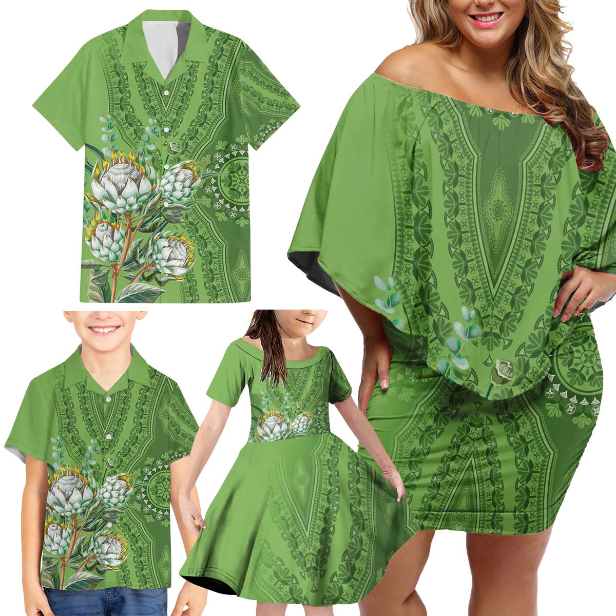 Africa King Proteas Dashiki Motif Family Matching Off Shoulder Short Dress and Hawaiian Shirt Green Style LT9 - Wonder Print Shop