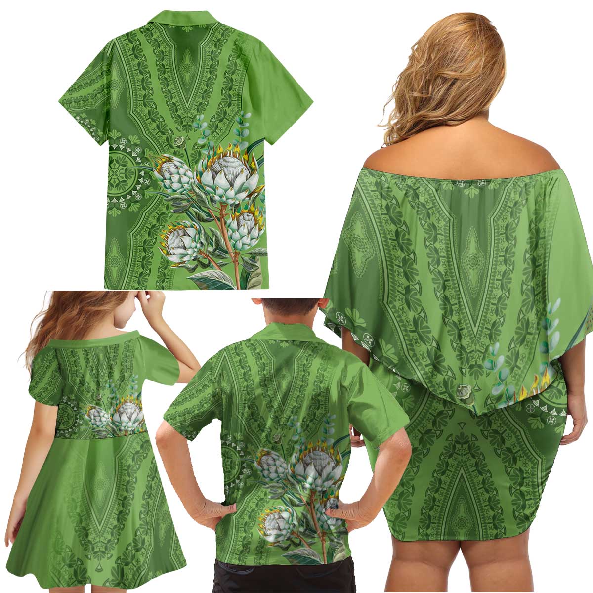 Africa King Proteas Dashiki Motif Family Matching Off Shoulder Short Dress and Hawaiian Shirt Green Style LT9 - Wonder Print Shop