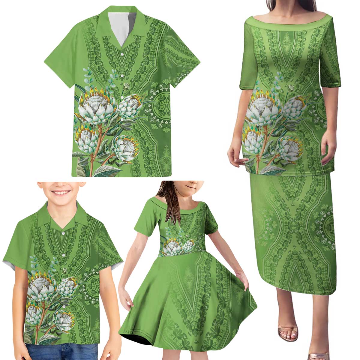 Africa King Proteas Dashiki Motif Family Matching Puletasi and Hawaiian Shirt Green Style - Wonder Print Shop