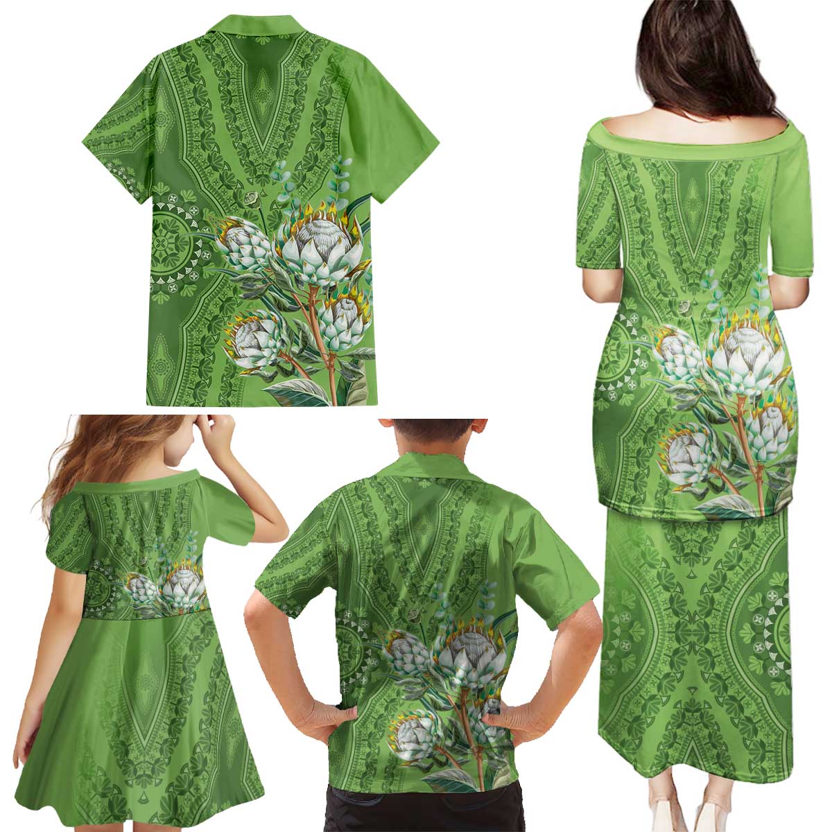 Africa King Proteas Dashiki Motif Family Matching Puletasi and Hawaiian Shirt Green Style - Wonder Print Shop