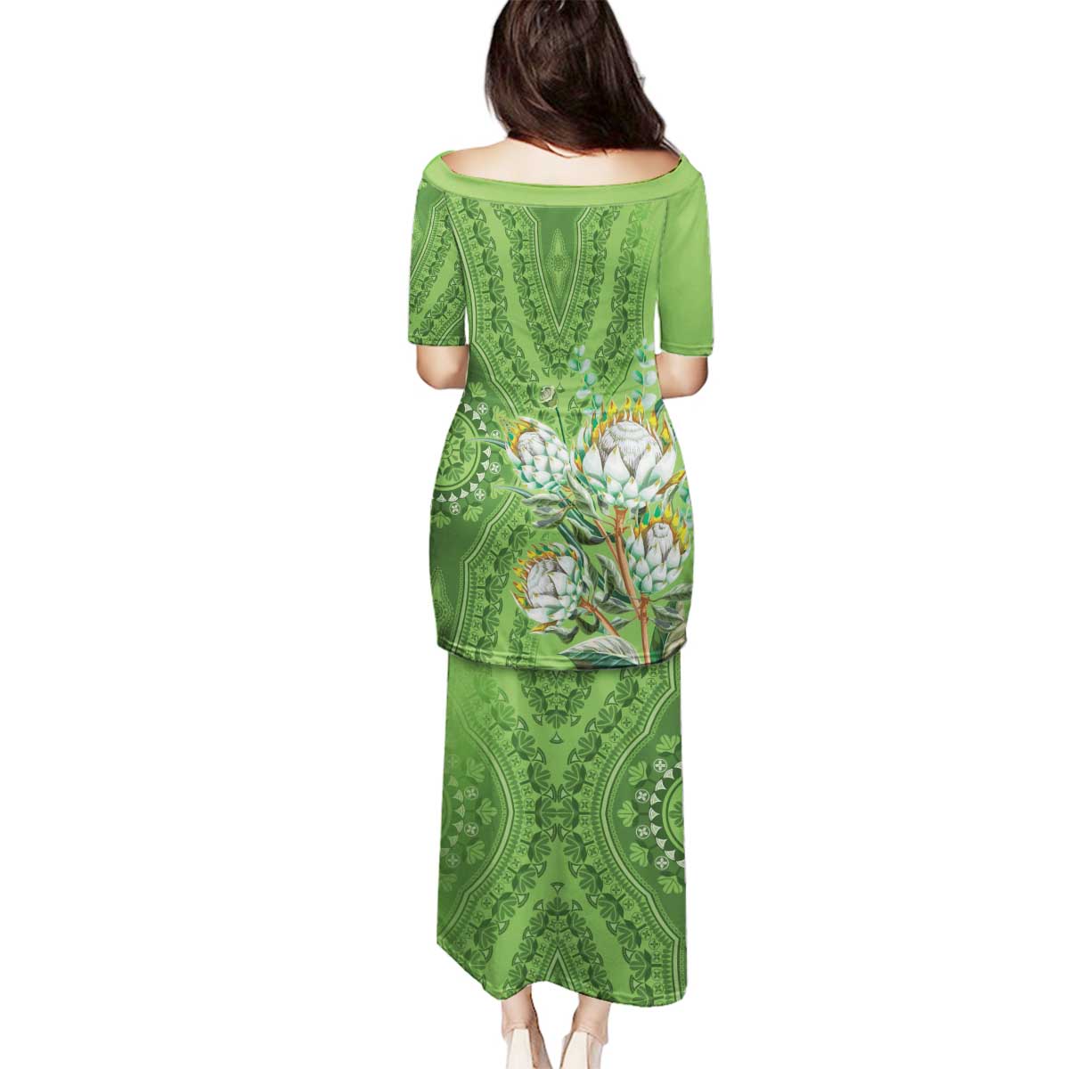 Africa King Proteas Dashiki Motif Family Matching Puletasi and Hawaiian Shirt Green Style - Wonder Print Shop