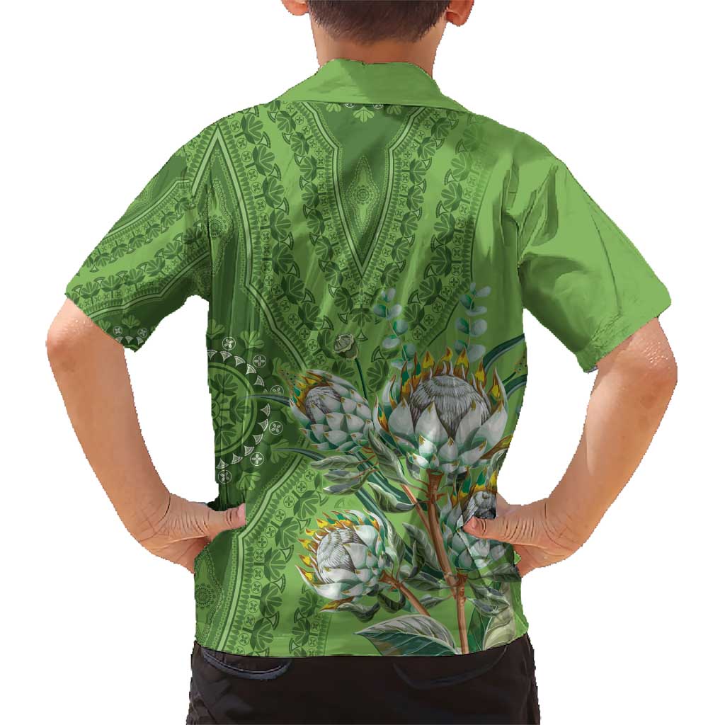 Africa King Proteas Dashiki Motif Family Matching Short Sleeve Bodycon Dress and Hawaiian Shirt Green Style - Wonder Print Shop