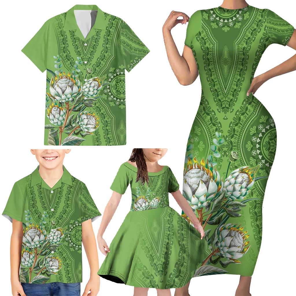 Africa King Proteas Dashiki Motif Family Matching Short Sleeve Bodycon Dress and Hawaiian Shirt Green Style - Wonder Print Shop