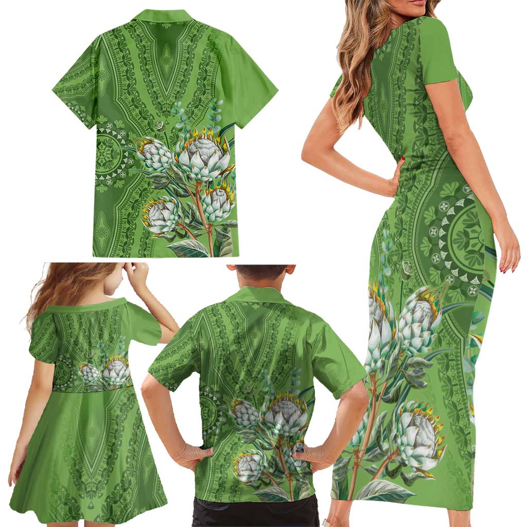Africa King Proteas Dashiki Motif Family Matching Short Sleeve Bodycon Dress and Hawaiian Shirt Green Style - Wonder Print Shop