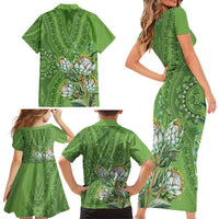 Africa King Proteas Dashiki Motif Family Matching Short Sleeve Bodycon Dress and Hawaiian Shirt Green Style - Wonder Print Shop