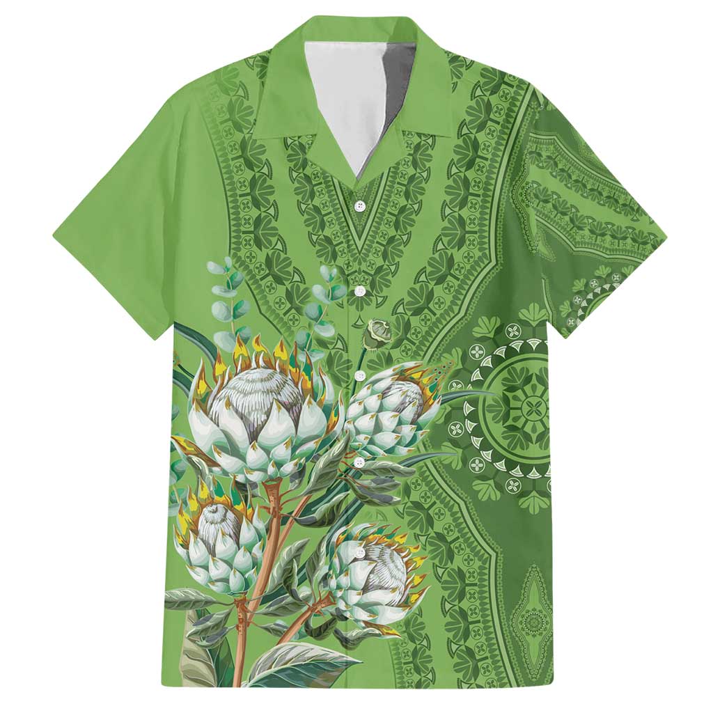 Africa King Proteas Dashiki Motif Family Matching Short Sleeve Bodycon Dress and Hawaiian Shirt Green Style - Wonder Print Shop