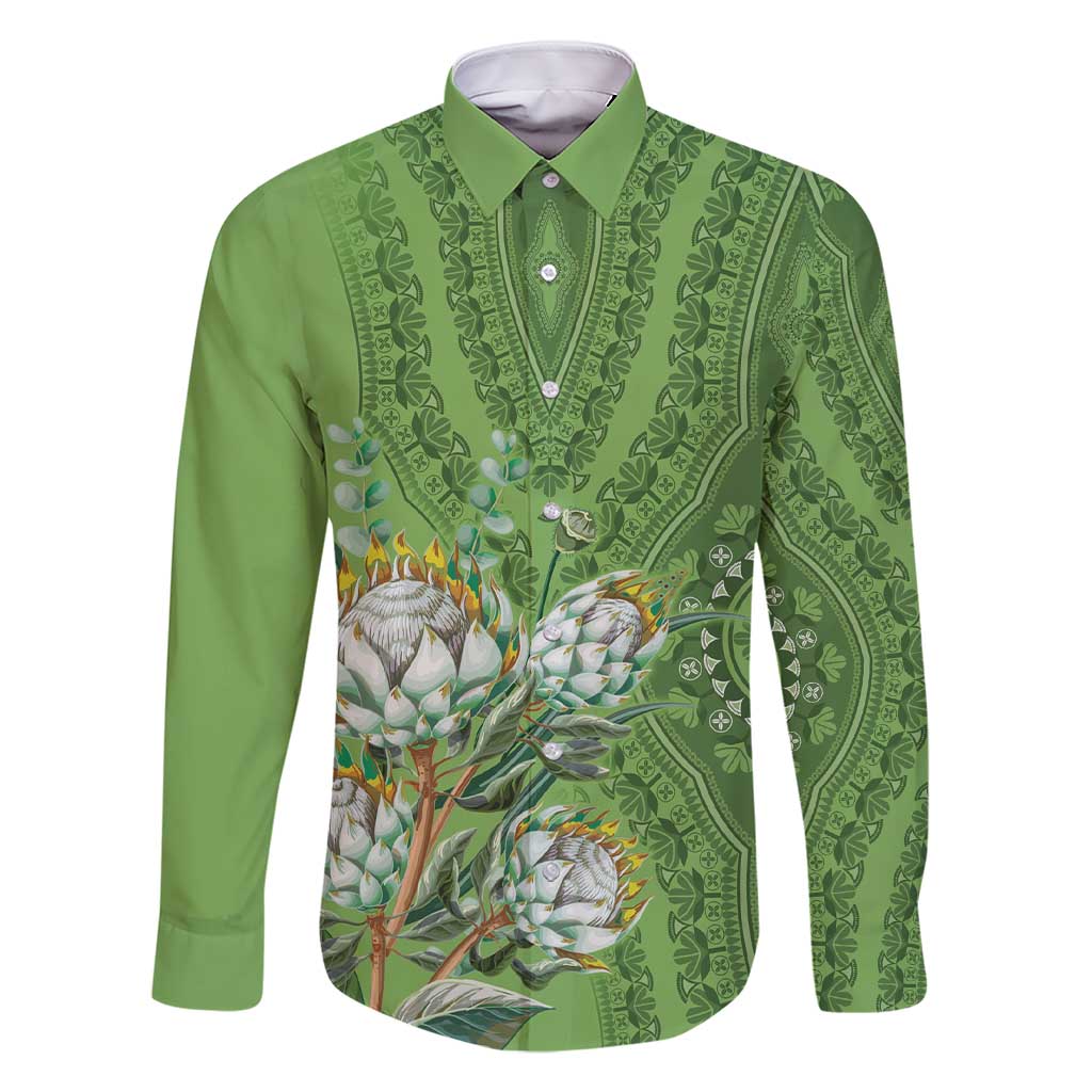 Africa King Proteas Dashiki Motif Family Matching Short Sleeve Bodycon Dress and Hawaiian Shirt Green Style - Wonder Print Shop