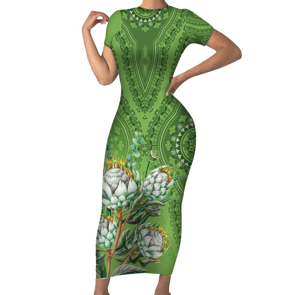 Africa King Proteas Dashiki Motif Family Matching Short Sleeve Bodycon Dress and Hawaiian Shirt Green Style - Wonder Print Shop