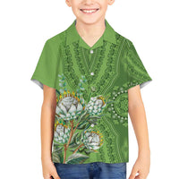 Africa King Proteas Dashiki Motif Family Matching Short Sleeve Bodycon Dress and Hawaiian Shirt Green Style - Wonder Print Shop