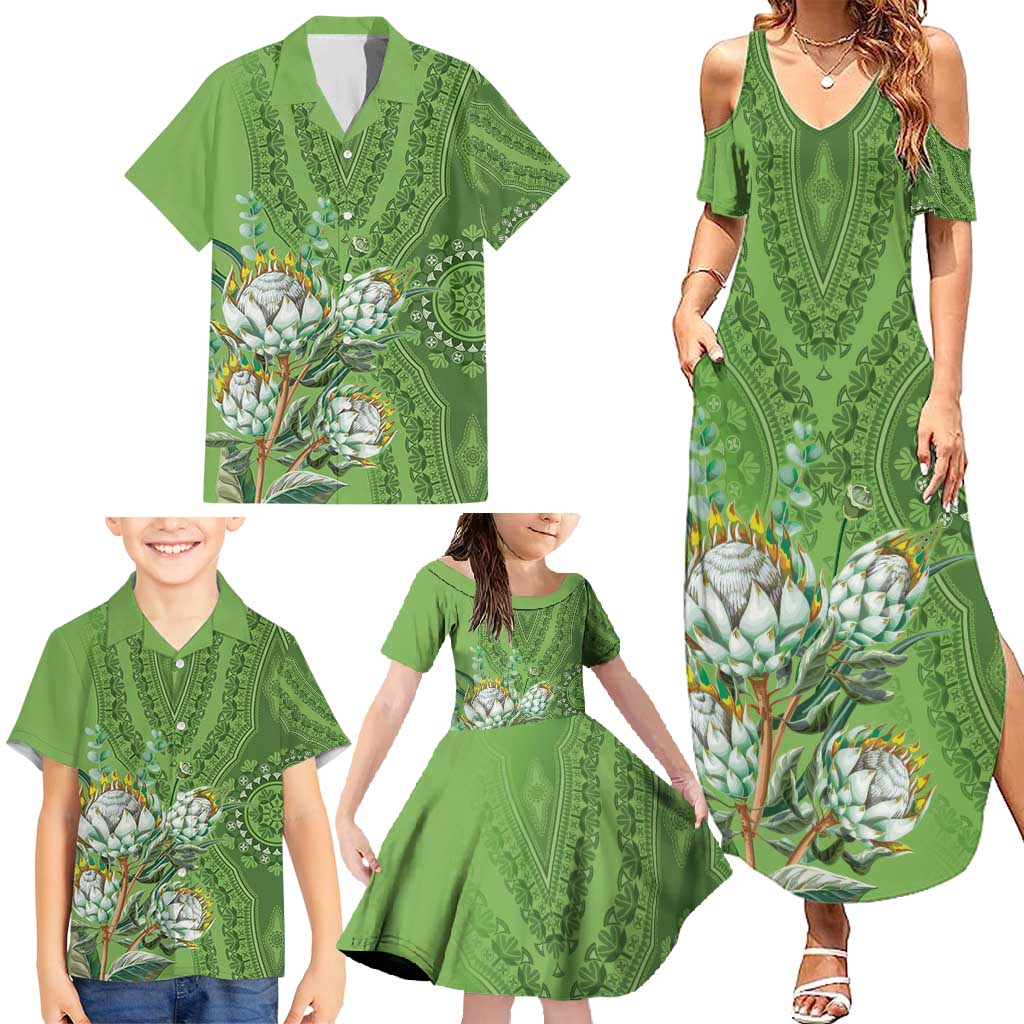 Africa King Proteas Dashiki Motif Family Matching Summer Maxi Dress and Hawaiian Shirt Green Style - Wonder Print Shop