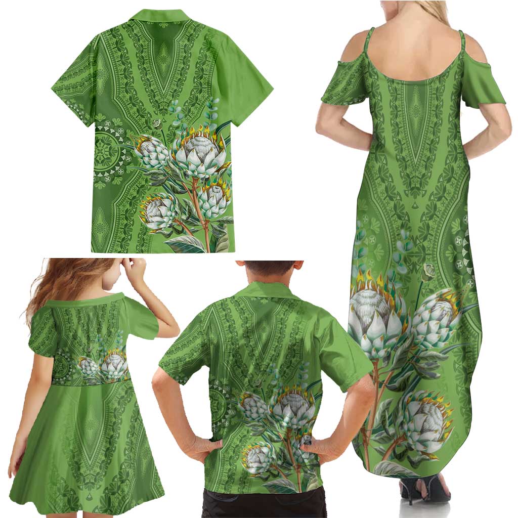 Africa King Proteas Dashiki Motif Family Matching Summer Maxi Dress and Hawaiian Shirt Green Style - Wonder Print Shop