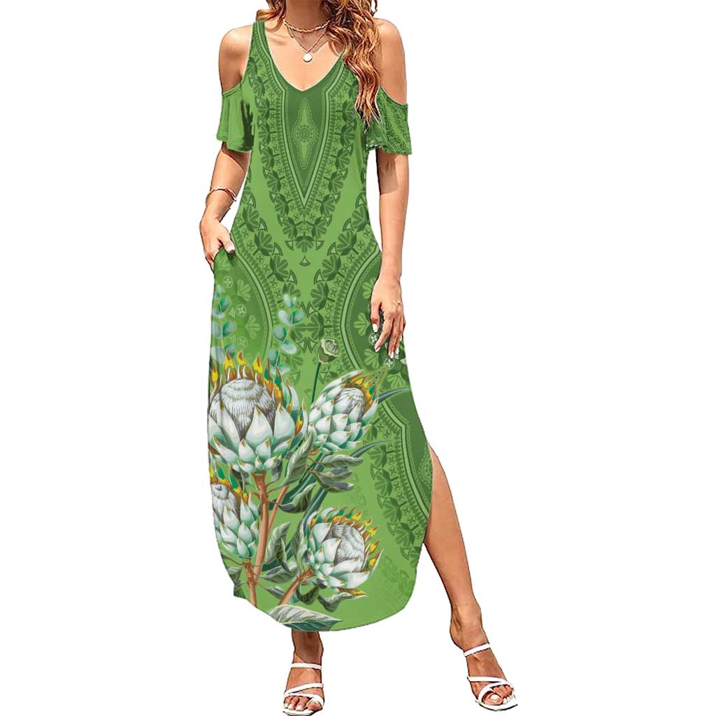 Africa King Proteas Dashiki Motif Family Matching Summer Maxi Dress and Hawaiian Shirt Green Style - Wonder Print Shop