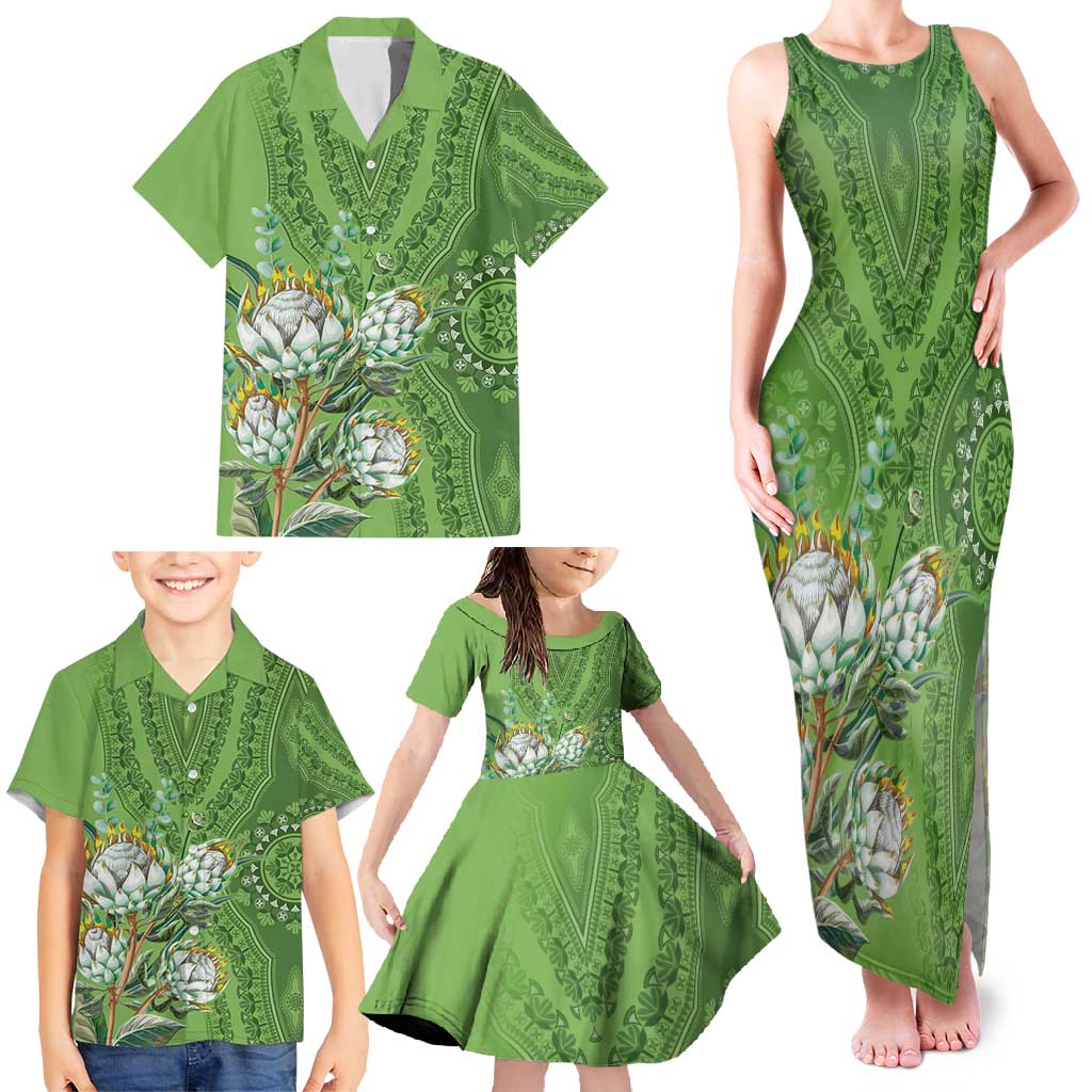 Africa King Proteas Dashiki Motif Family Matching Tank Maxi Dress and Hawaiian Shirt Green Style - Wonder Print Shop
