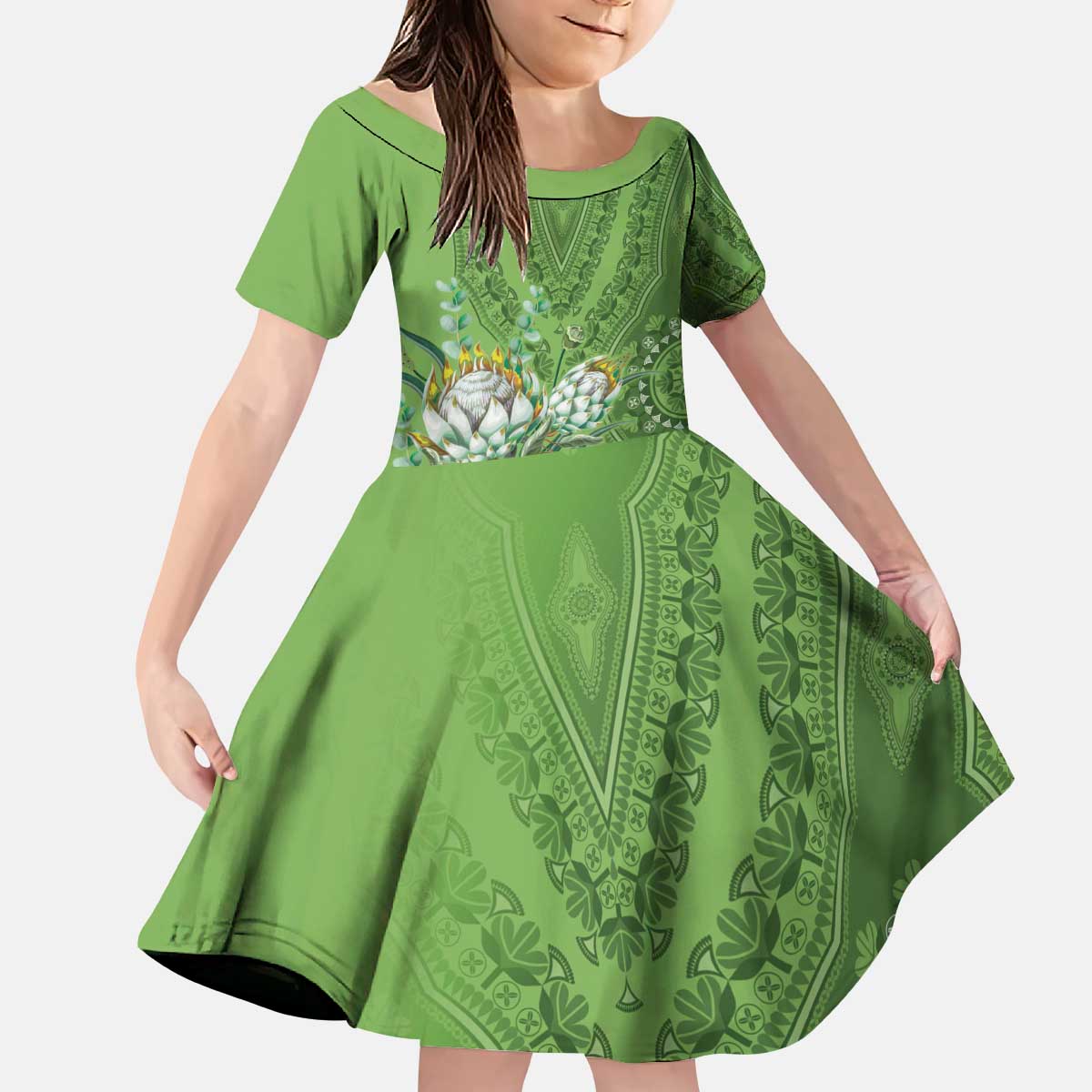 Africa King Proteas Dashiki Motif Kid Short Sleeve Dress Green Style - Wonder Print Shop
