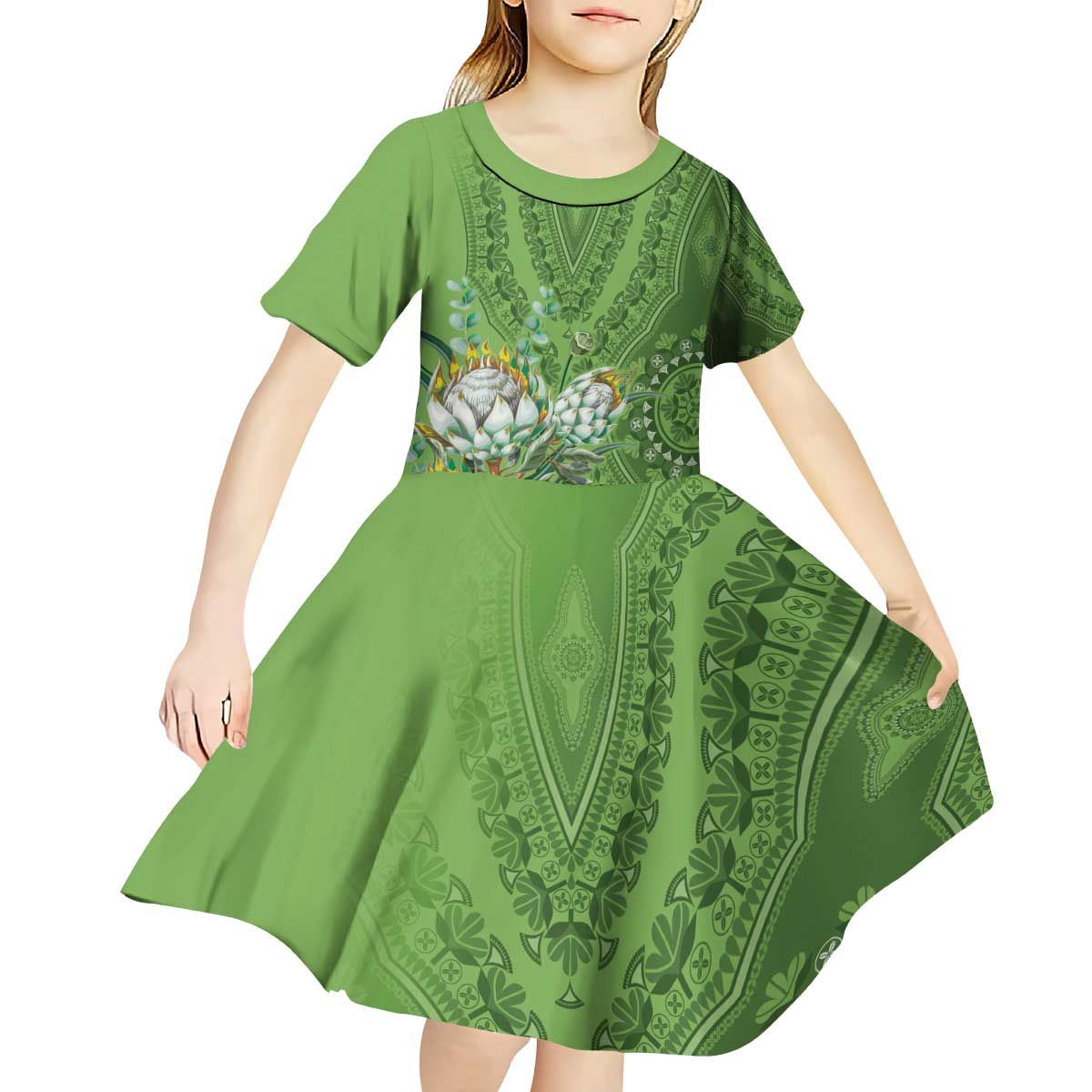 Africa King Proteas Dashiki Motif Kid Short Sleeve Dress Green Style - Wonder Print Shop