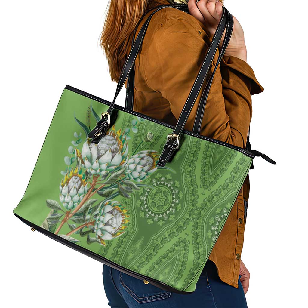 Africa King Proteas Dashiki Motif Leather Tote Bag Green Style - Wonder Print Shop