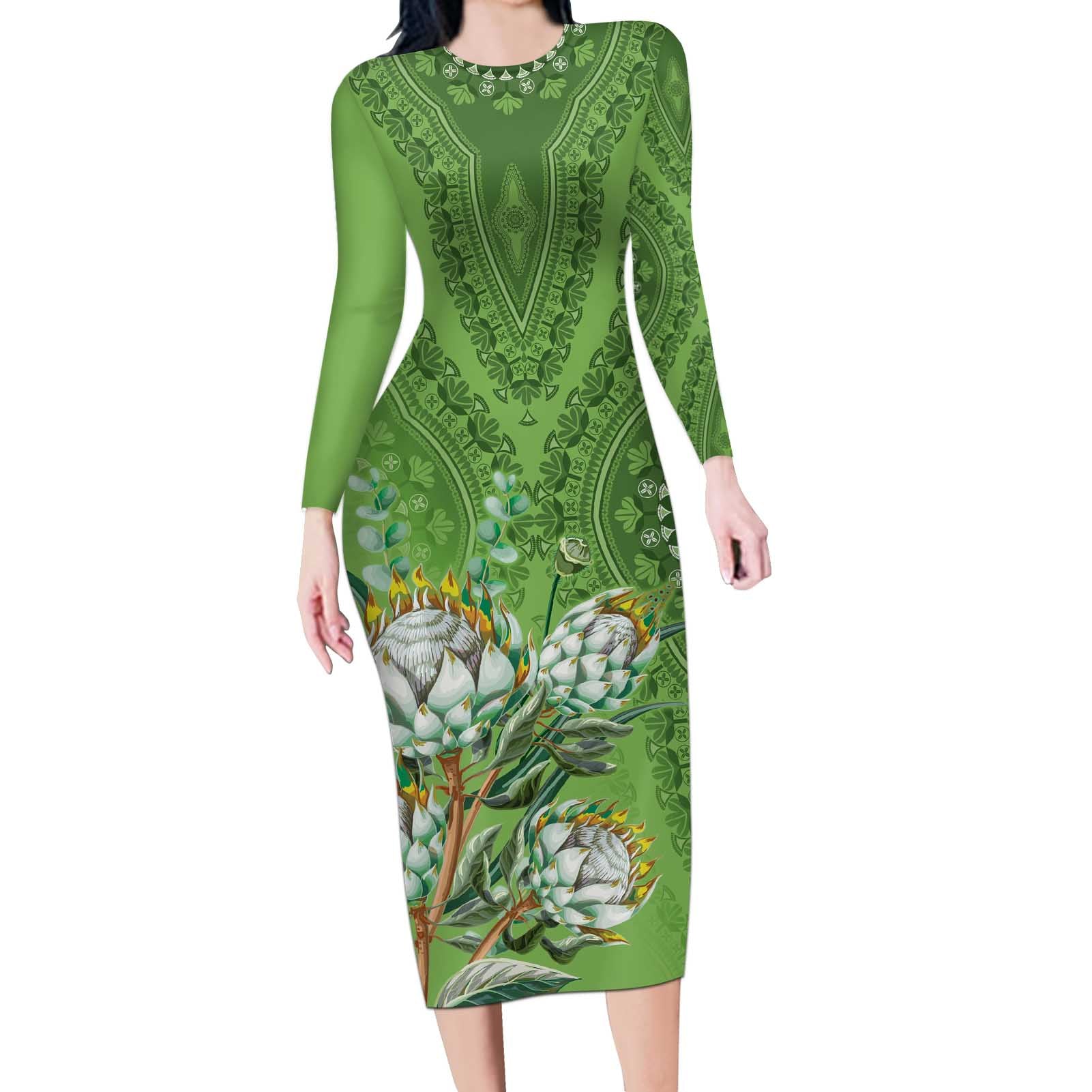 Africa King Proteas Dashiki Motif Long Sleeve Bodycon Dress Green Style - Wonder Print Shop