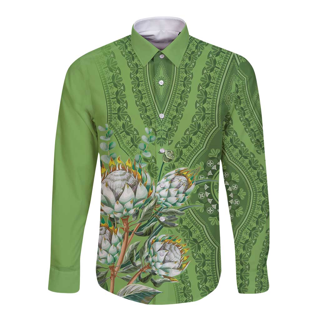 Africa King Proteas Dashiki Motif Long Sleeve Button Shirt Green Style - Wonder Print Shop