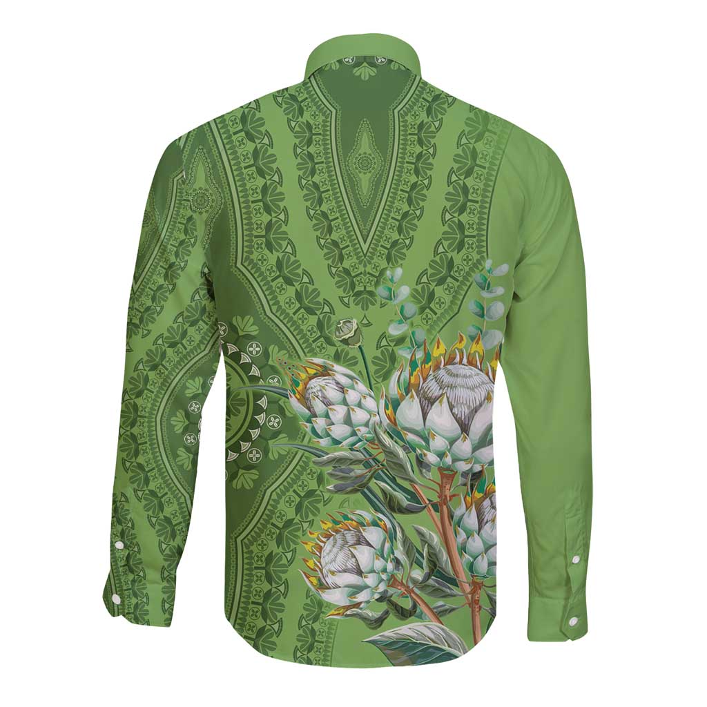 Africa King Proteas Dashiki Motif Long Sleeve Button Shirt Green Style - Wonder Print Shop