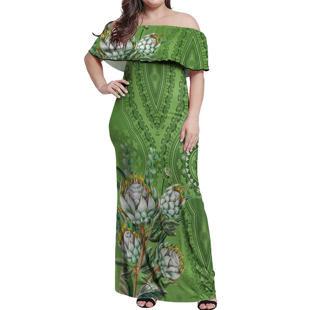 Africa King Proteas Dashiki Motif Off Shoulder Maxi Dress Green Style - Wonder Print Shop