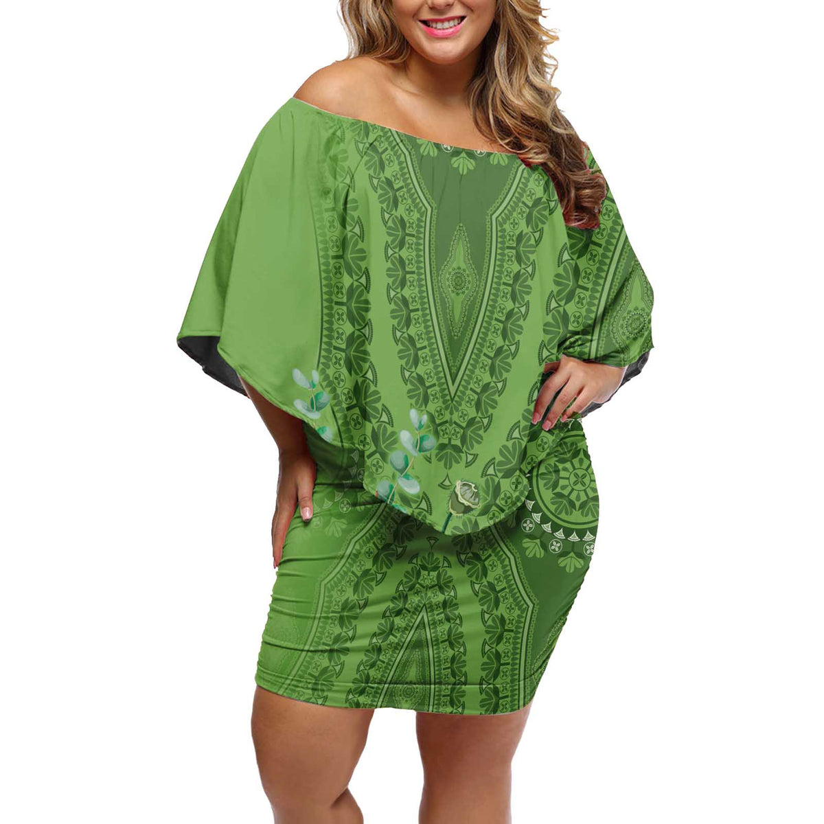 Africa King Proteas Dashiki Motif Off Shoulder Short Dress Green Style - Wonder Print Shop