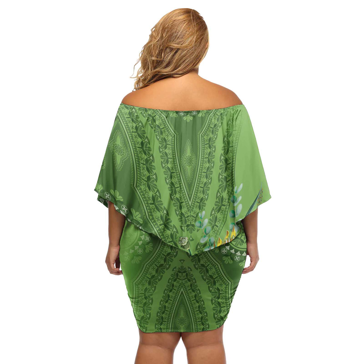 Africa King Proteas Dashiki Motif Off Shoulder Short Dress Green Style - Wonder Print Shop