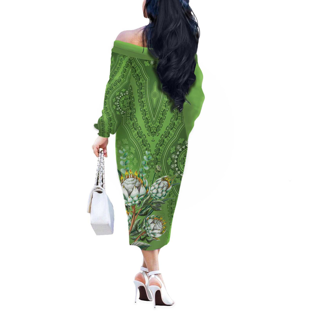 Africa King Proteas Dashiki Motif Off The Shoulder Long Sleeve Dress Green Style - Wonder Print Shop