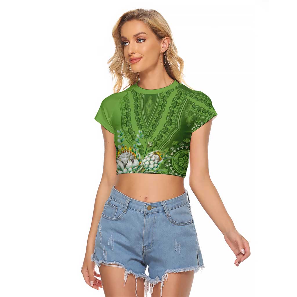 Africa King Proteas Dashiki Motif Raglan Cropped T Shirt Green Style - Wonder Print Shop