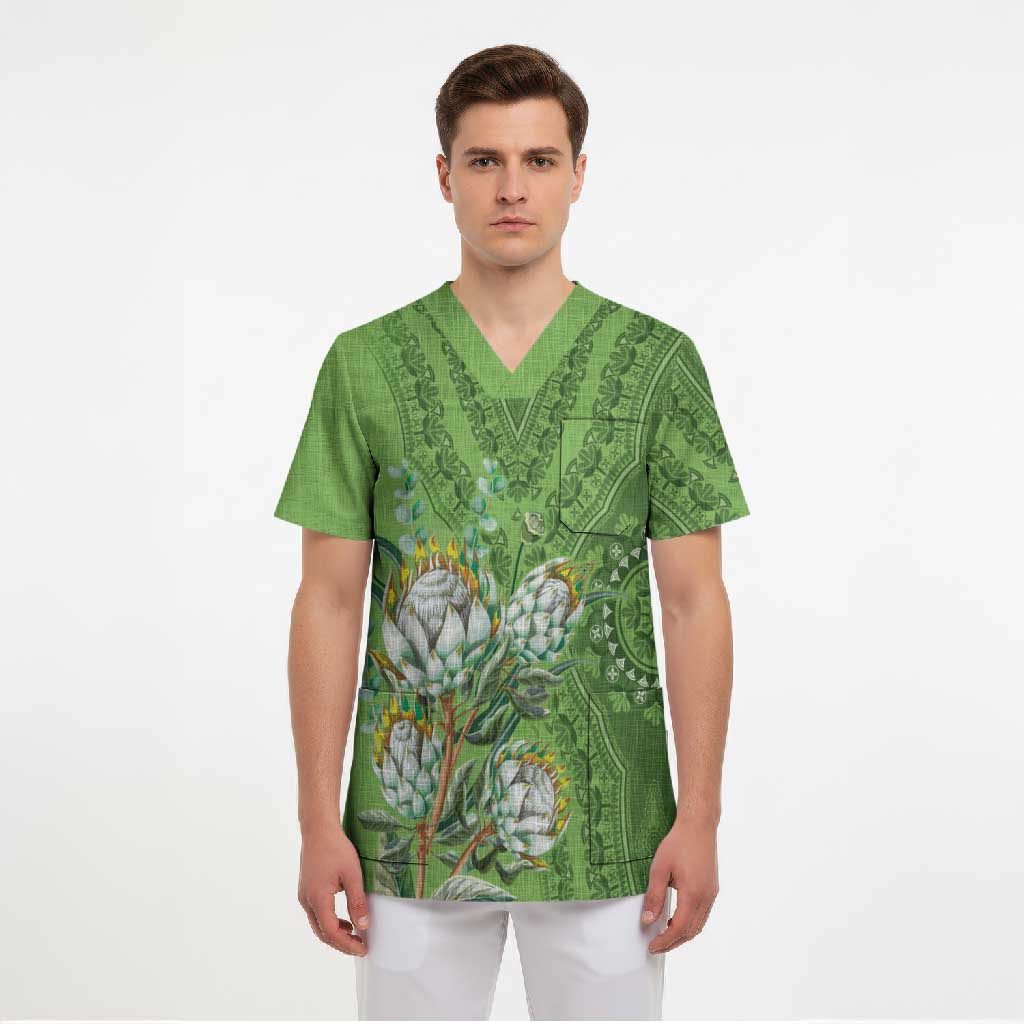 Africa King Proteas Dashiki Motif Scrub Top Green Style