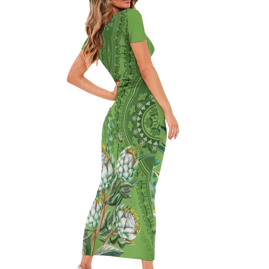 Africa King Proteas Dashiki Motif Short Sleeve Bodycon Dress Green Style - Wonder Print Shop