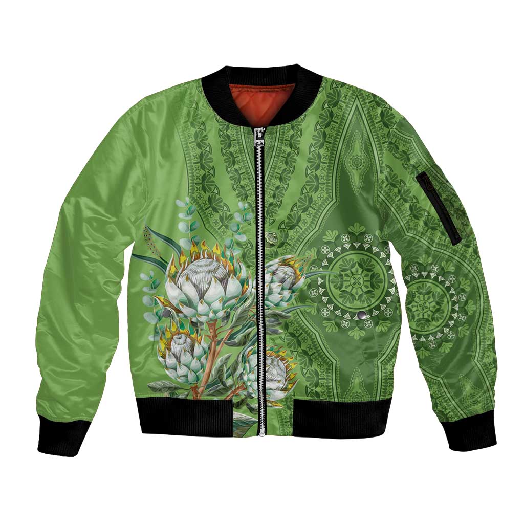 Africa King Proteas Dashiki Motif Sleeve Zip Bomber Jacket Green Style - Wonder Print Shop