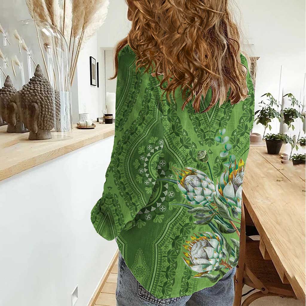 Africa King Proteas Dashiki Motif Women Casual Shirt Green Style - Wonder Print Shop