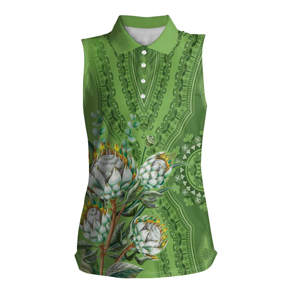 Africa King Proteas Dashiki Motif Women Sleeveless Polo Shirt Green Style - Wonder Print Shop