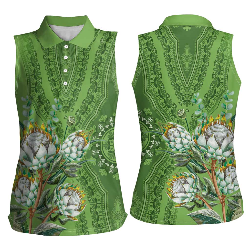 Africa King Proteas Dashiki Motif Women Sleeveless Polo Shirt Green Style - Wonder Print Shop