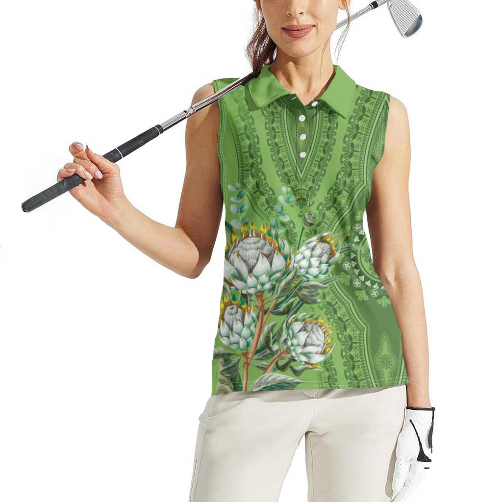 Africa King Proteas Dashiki Motif Women Sleeveless Polo Shirt Green Style - Wonder Print Shop