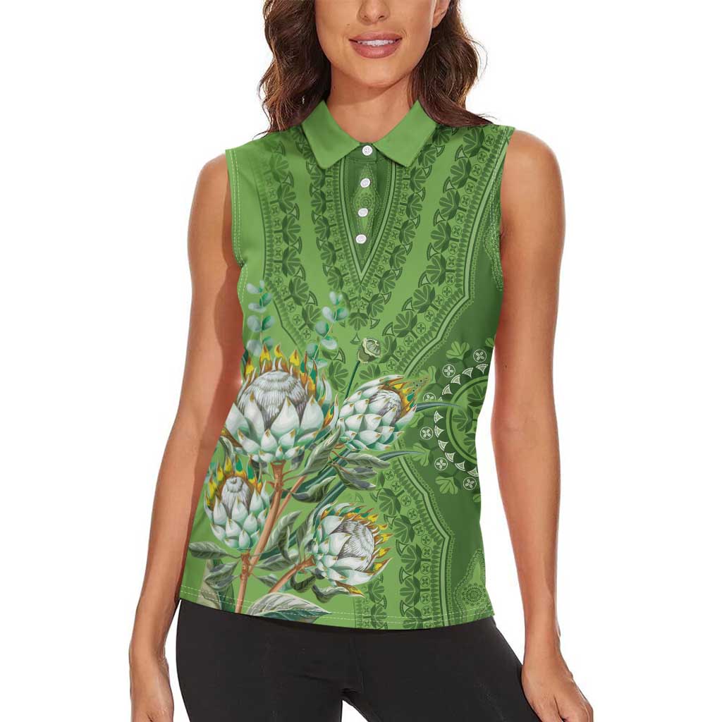 Africa King Proteas Dashiki Motif Women Sleeveless Polo Shirt Green Style - Wonder Print Shop