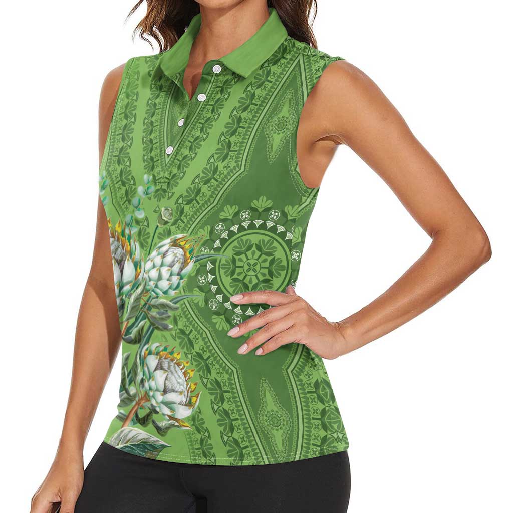 Africa King Proteas Dashiki Motif Women Sleeveless Polo Shirt Green Style - Wonder Print Shop