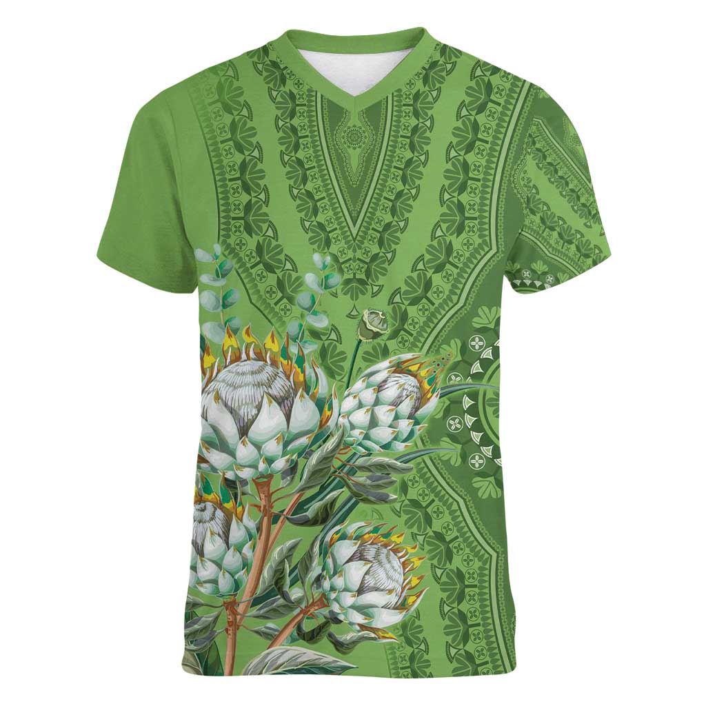 Africa King Proteas Dashiki Motif Women V-Neck T-Shirt Green Style - Wonder Print Shop