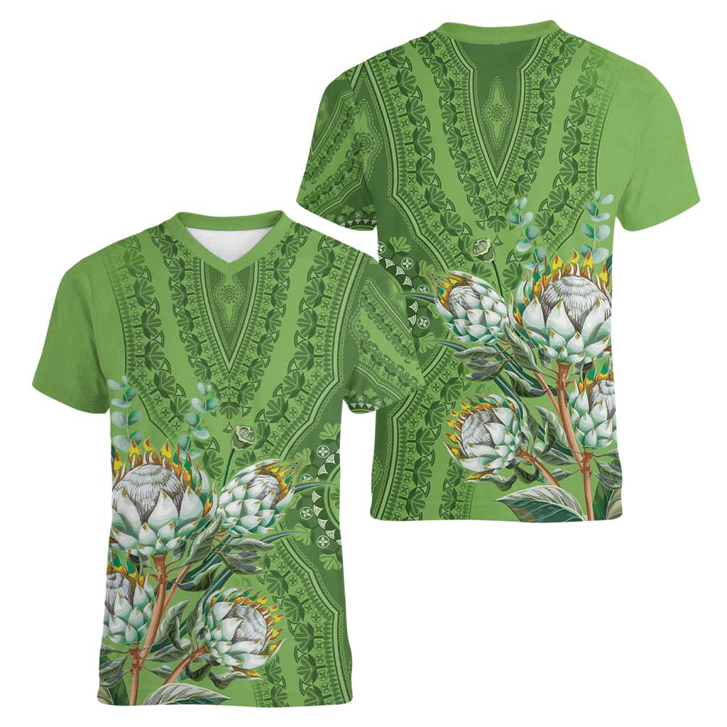 Africa King Proteas Dashiki Motif Women V-Neck T-Shirt Green Style - Wonder Print Shop