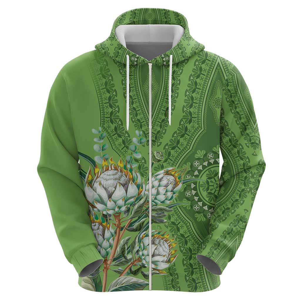 Africa King Proteas Dashiki Motif Zip Hoodie Green Style - Wonder Print Shop