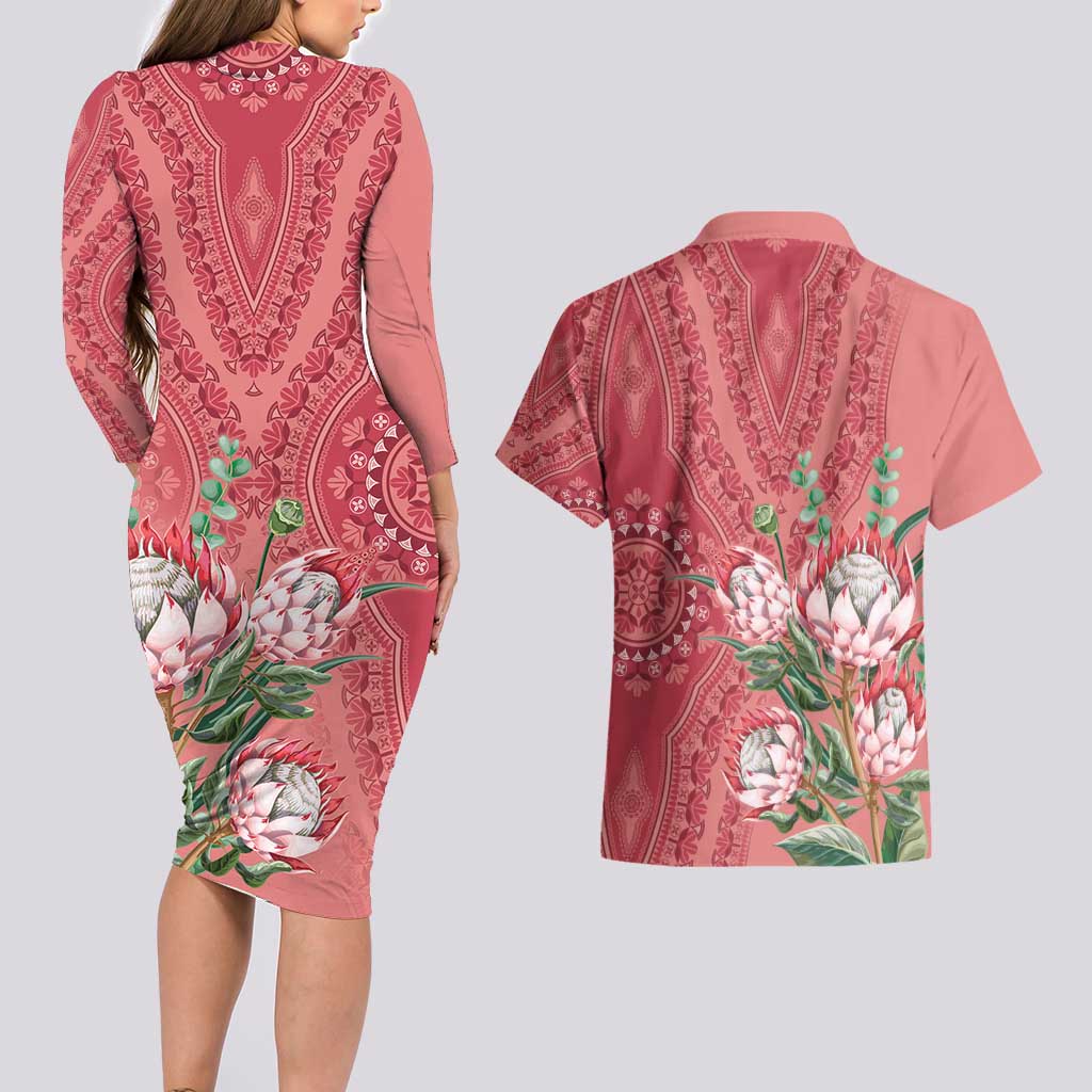 Africa King Proteas Dashiki Motif Couples Matching Long Sleeve Bodycon Dress and Hawaiian Shirt Peach Style LT9 - Wonder Print Shop
