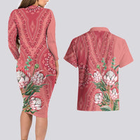 Africa King Proteas Dashiki Motif Couples Matching Long Sleeve Bodycon Dress and Hawaiian Shirt Peach Style LT9 - Wonder Print Shop
