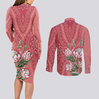 Africa King Proteas Dashiki Motif Couples Matching Long Sleeve Bodycon Dress and Long Sleeve Button Shirt Peach Style LT9 - Wonder Print Shop