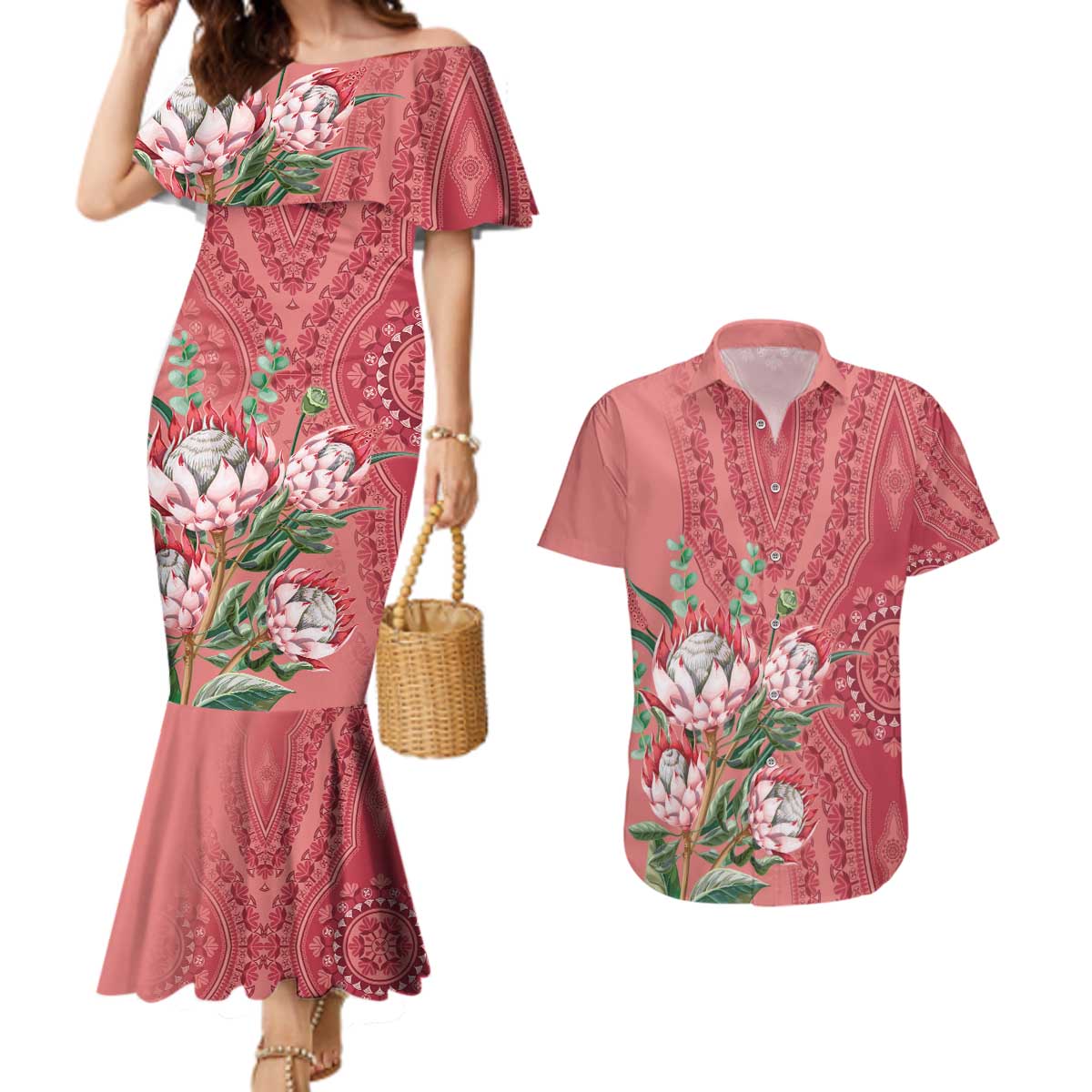 Africa King Proteas Dashiki Motif Couples Matching Mermaid Dress and Hawaiian Shirt Peach Style LT9 - Wonder Print Shop