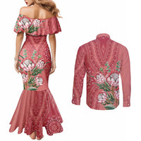 Africa King Proteas Dashiki Motif Couples Matching Mermaid Dress and Long Sleeve Button Shirt Peach Style