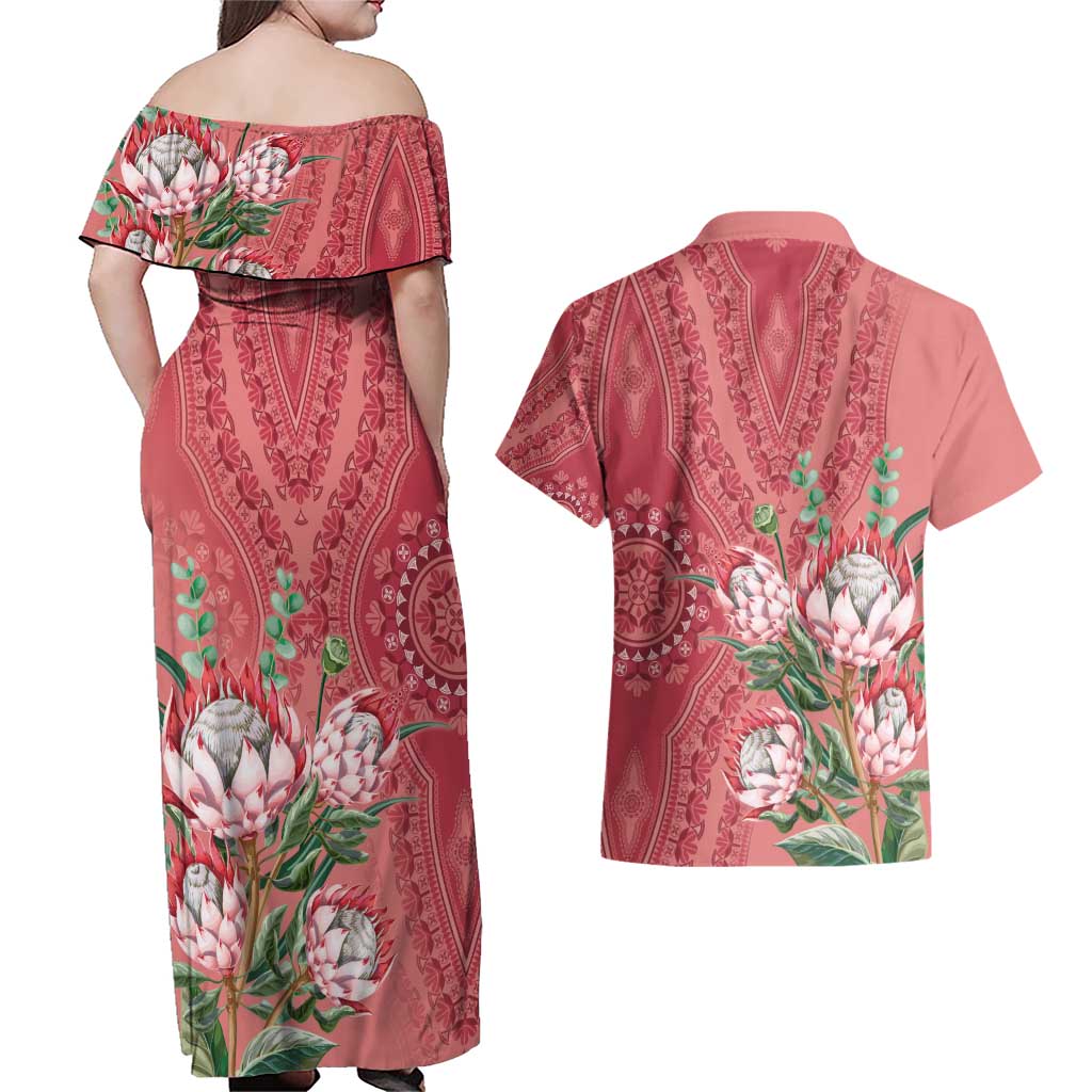 Africa King Proteas Dashiki Motif Couples Matching Off Shoulder Maxi Dress and Hawaiian Shirt Peach Style LT9 - Wonder Print Shop
