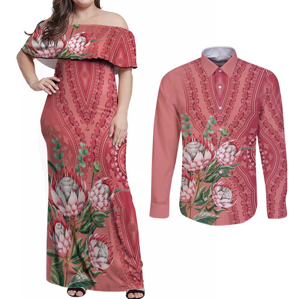 Africa King Proteas Dashiki Motif Couples Matching Off Shoulder Maxi Dress and Long Sleeve Button Shirt Peach Style LT9 - Wonder Print Shop