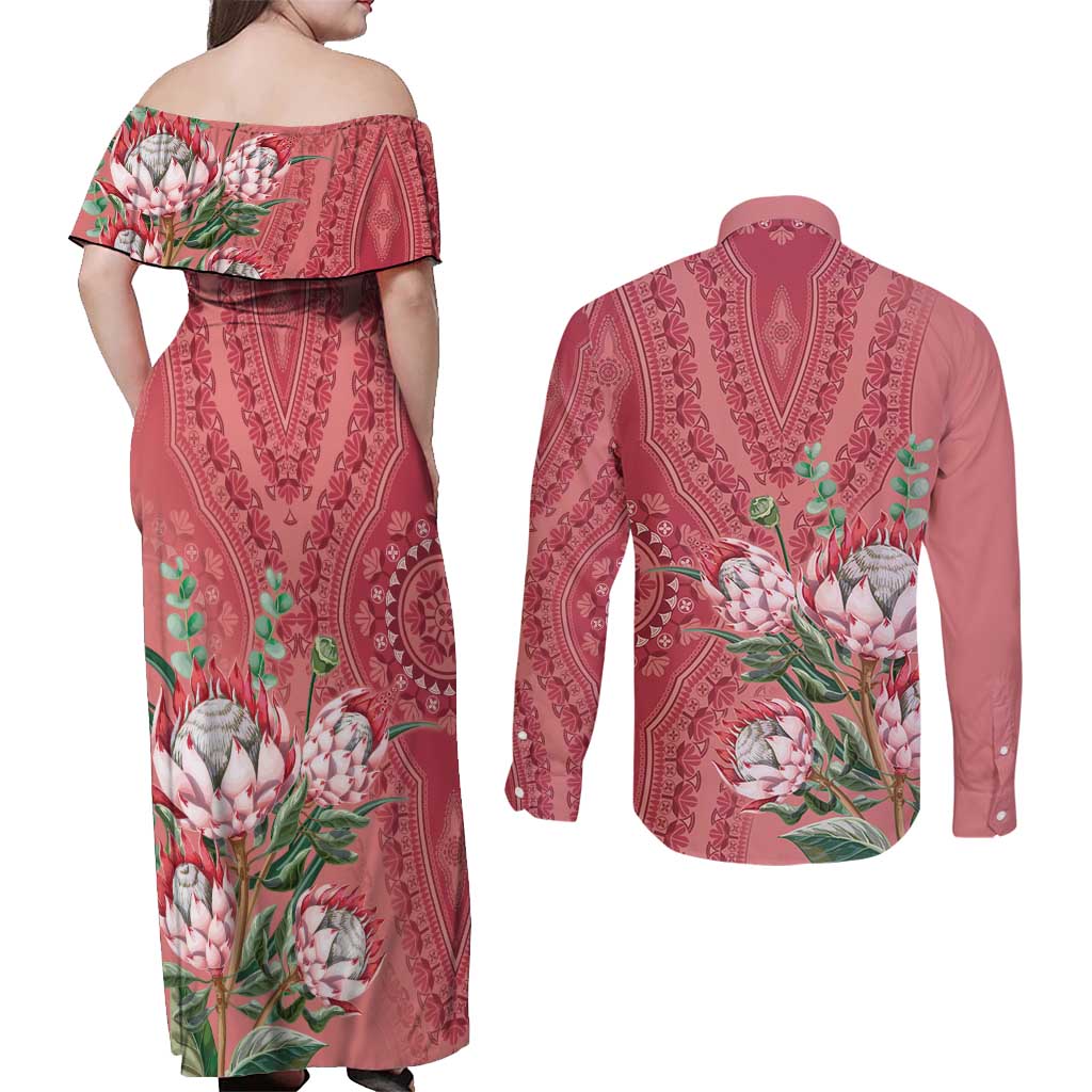 Africa King Proteas Dashiki Motif Couples Matching Off Shoulder Maxi Dress and Long Sleeve Button Shirt Peach Style LT9 - Wonder Print Shop